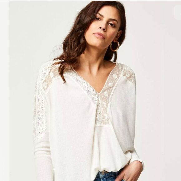 FREE PEOPLE LOLA LONG SLEEVE LACE TOP WHITE ANGEL FOOD RIBBED TOP Size S - Picture 1 of 11